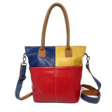 休闲大包真皮新款牛皮女士复古彩色真皮拼接单肩托特包斜挎包