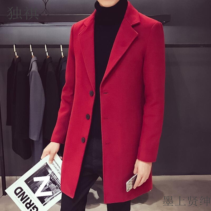 Red woolen overcoat, mid-length woolen coat, autumn style, trendy Korean style, slim fit, winter trench coat for men.
