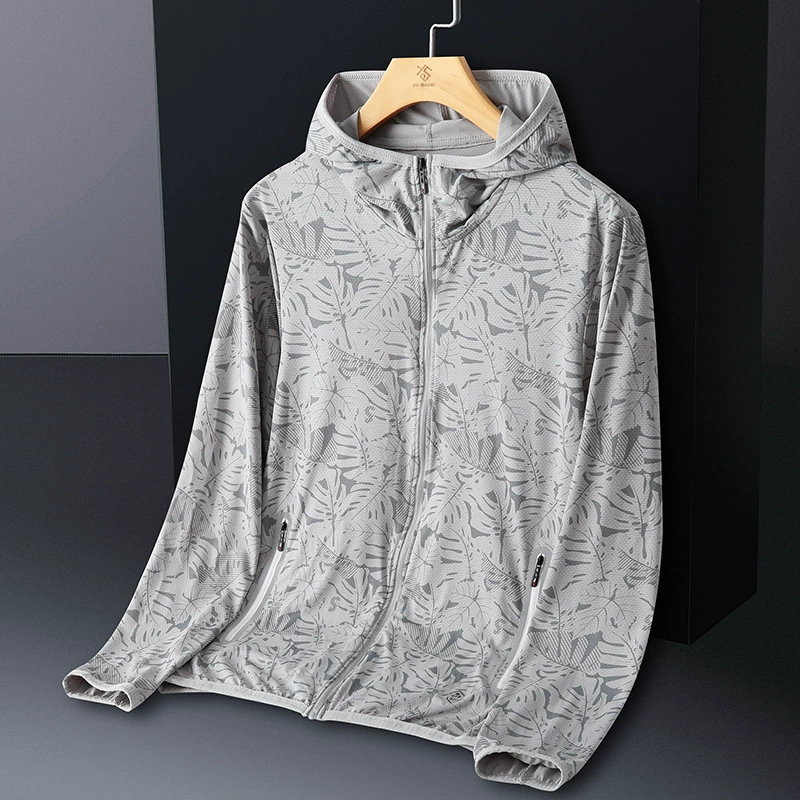 Солнцезащитная одежда для мужчин, из ледяного шелка, UPF50+, защита от ультрафиолета, тонкая, дышащая, для активного отдыха, солнцезащитная ветровка с принтом кленового листа, мужской солнцезащитный костюм