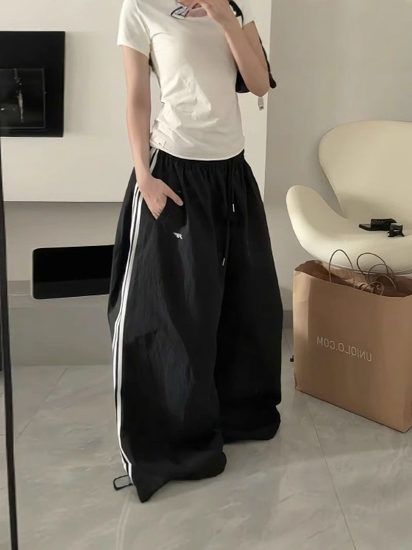 美式低腰阔腿裤条纹休闲运动裤女夏季速干宽松降落伞兵裤跳舞长裤|undefined