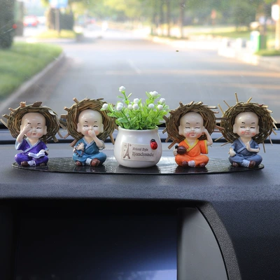 Car ornaments – four little monks cute car interior - large-straw-hat-white-flower-pot-leopard-pad-fragrant-stick