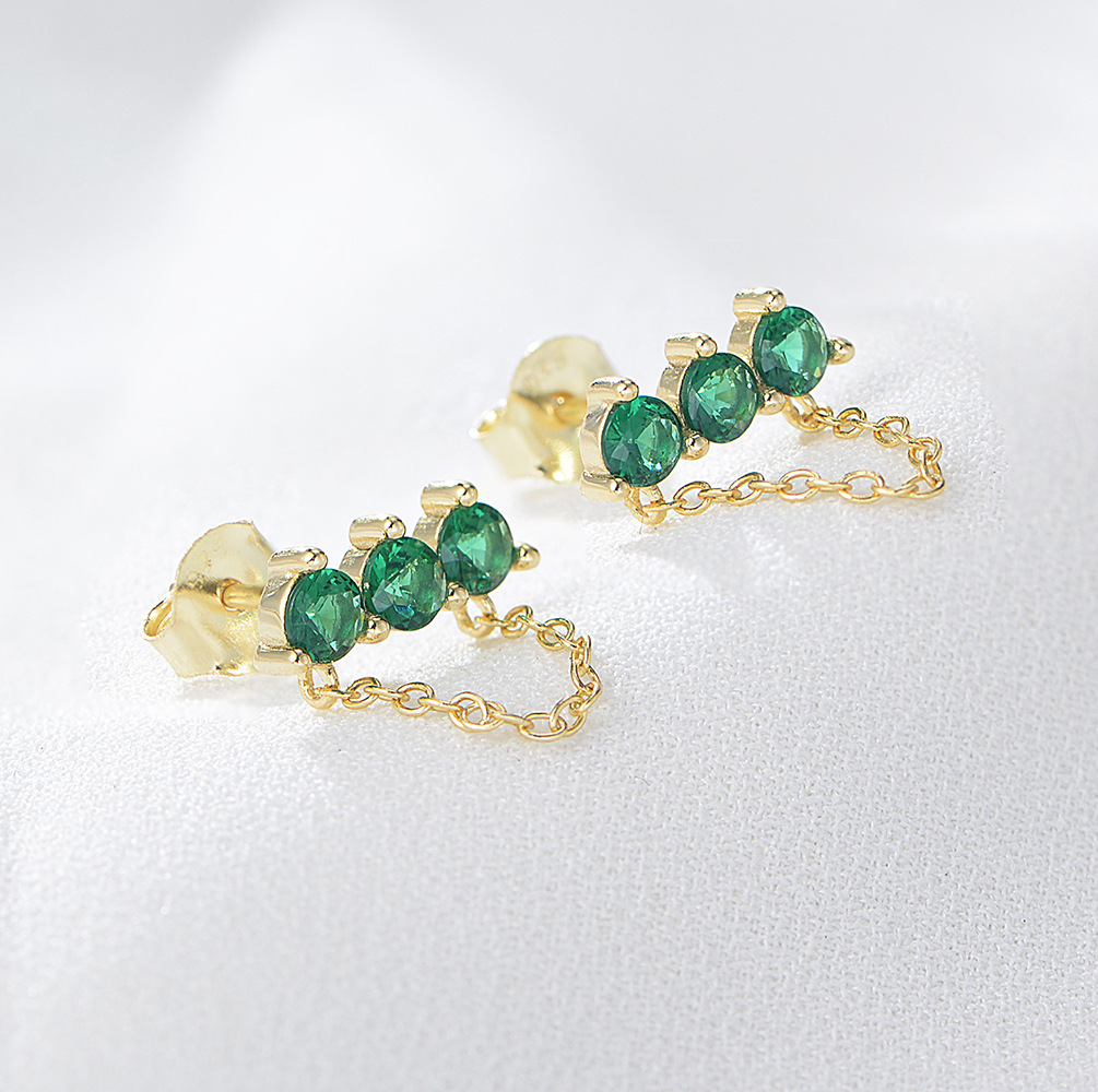 S925 plata esterlina abuela verde Zircon Stud pendientes europeos y americanos simple cadena personalizada borla pendientes de moda