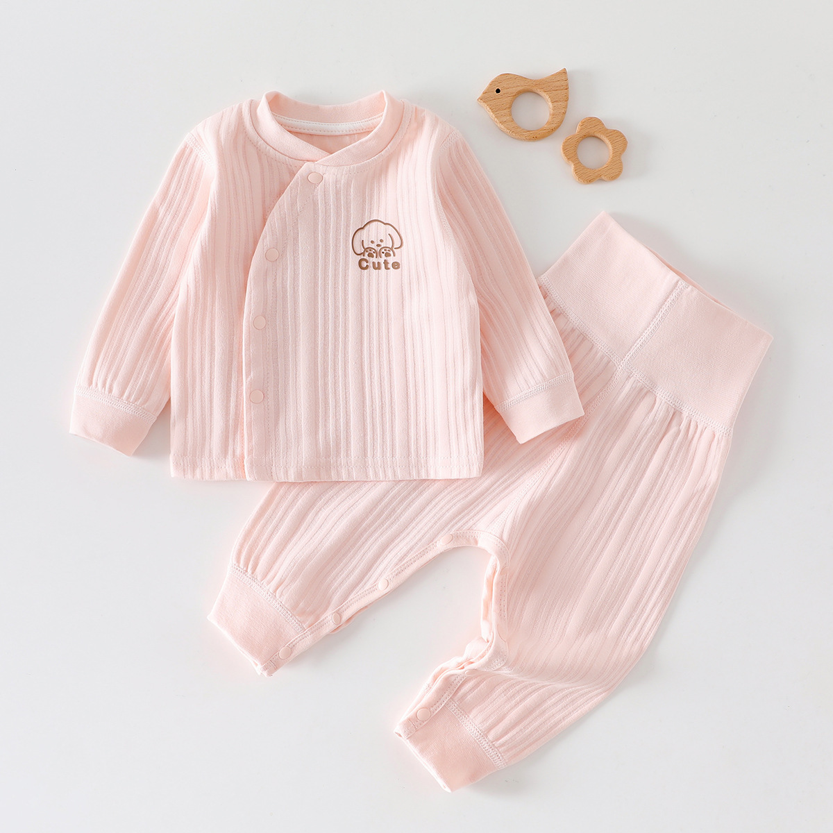 Baby cotton thermal underwear set, high-waisted, tummy-protecting, two-piece underwear for spring and autumn, long-sleeved and long-legged.