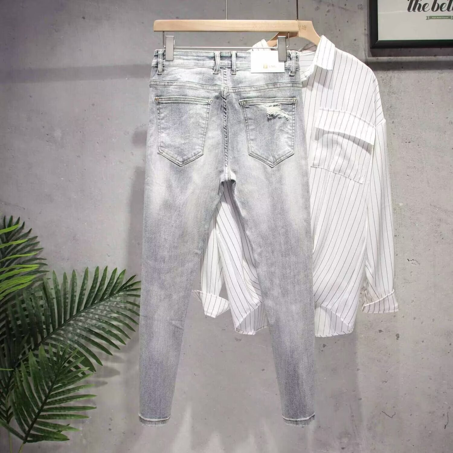 American High Street Ripped Jeans For Men Slim Fit Straight Long Trendy Zipper Cuff Cool Pants Fashion_mkmklike.com