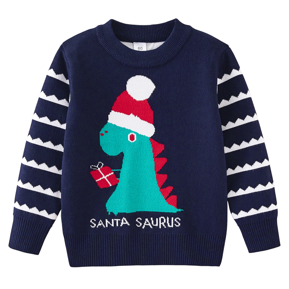 2023 Otoño e Invierno niños europeos y americanos Navidad dinosaurio dibujos animados niños y niñas Suéter de fondo para niños suéter infantil Jacquard