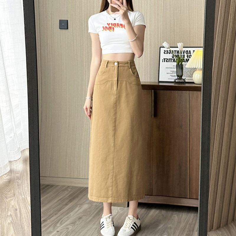 Mid-Length Washed Cotton One-Step Skirt for Women Spring New Korean Style Simple and Fashionable Slimming Back Slit Skirt