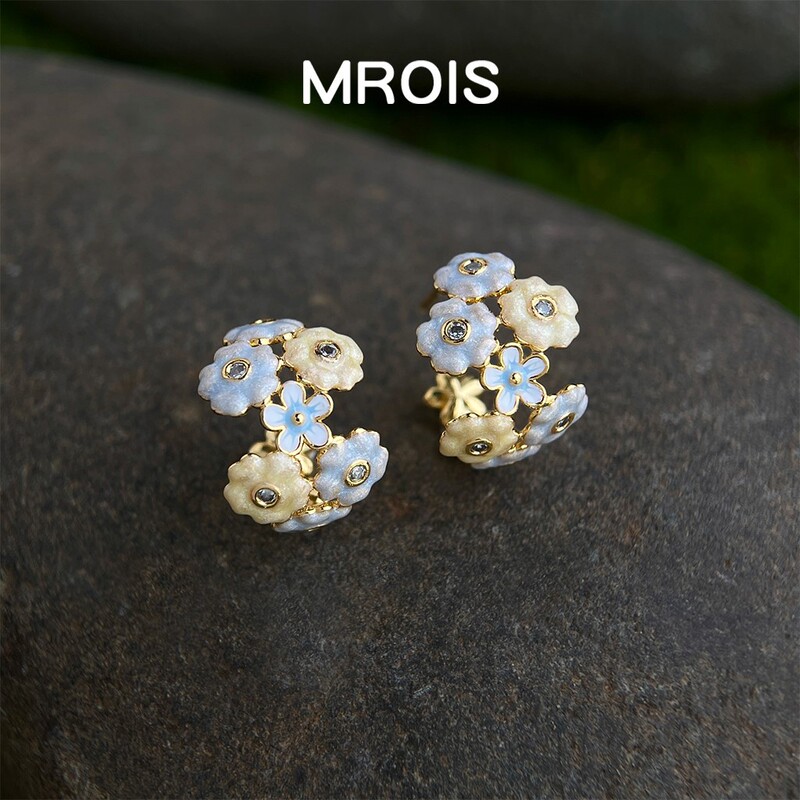 Original Thick Plated 18K Real Gold Enamel Drop Glaze Zircon Flower Earrings Fresh and Sweet Elegant High-End Earrings for Women