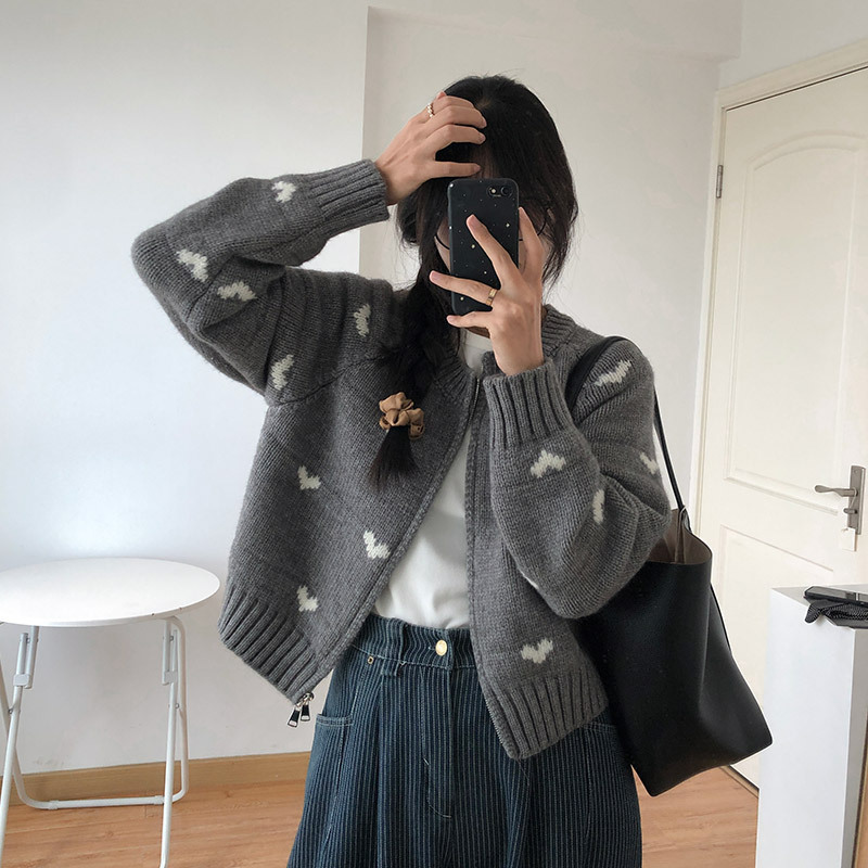 韩系新款爱心提花双拉链学院风时尚圆领毛衣女针织开衫女秋冬外套|undefined