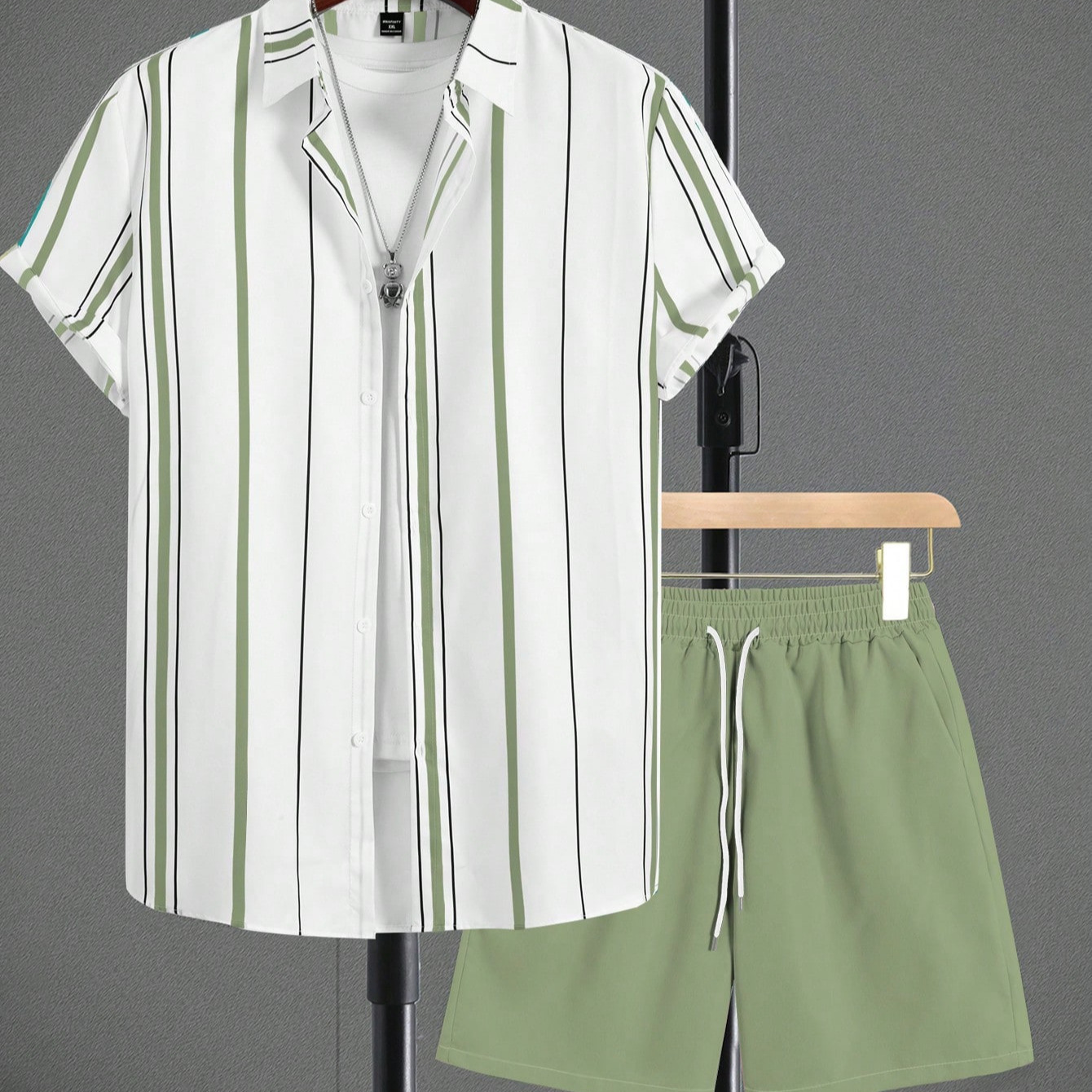 Lässiges Herren-Hawaiihemd-Set, Sommermode, Kurzarm, 3D-Streifenmuster, zweiteilig_voghion.com