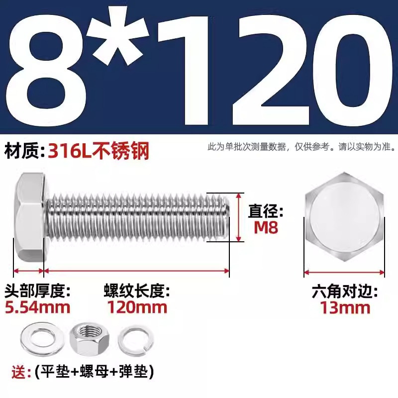 316L acero inoxidable perno hexagonal macho conjunto de tuerca de tornillo conjunto de cojín elástico plano completo M6M8M10M12-M20 image 92