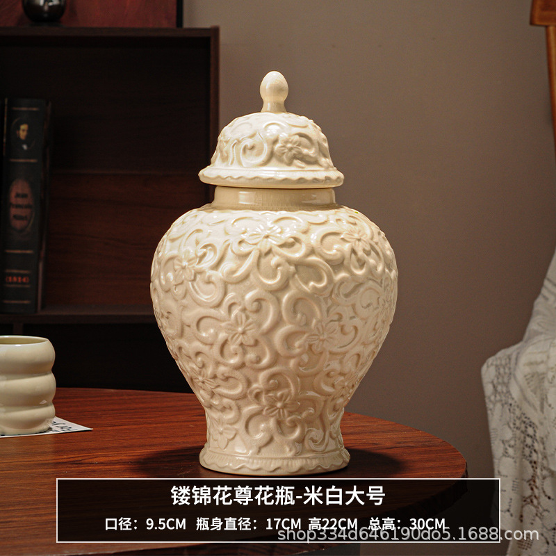 Vaso de flores con brocado perforado - porcelana blanca (grande)