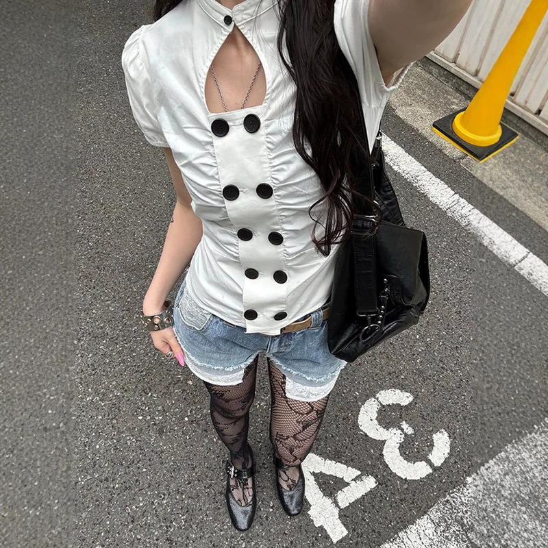 Y2K Women's Niche Sexy Cut-Out Button Puff Sleeve Short-Sleeve T-Shirt, New Summer Style, Slimming and Versatile