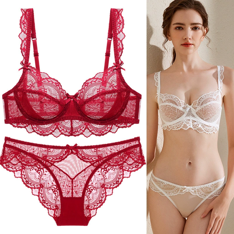 Ультратонкий комплект с бюстгальтером большого размера, красное нижнее белье года зодиака, сексуальное нижнее белье с большой грудью, маленький кружевной соблазнительный милый бюстгальтер