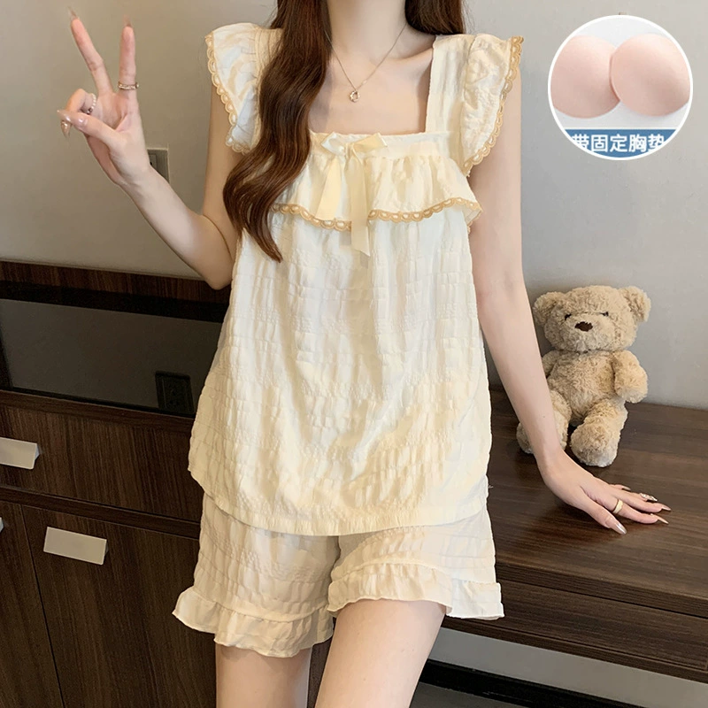 Green summer pijama, cute top with cups, set for elementary school students, lifting effect