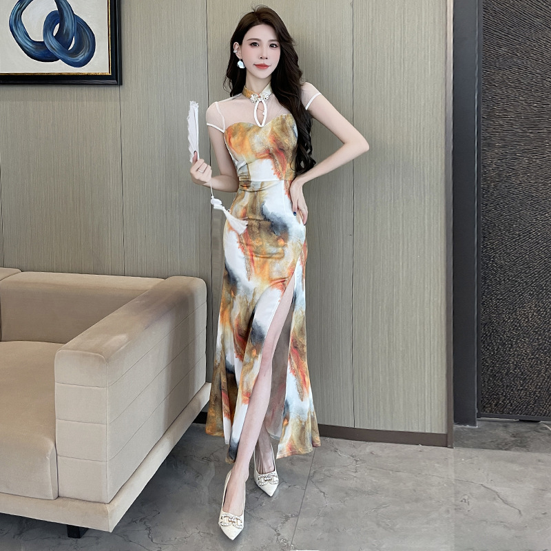European and American Style Cross-Border Supply Ultra-Long French Retro Oil Painting Style Backless Spaghetti Strap Dress Long Dress for Women