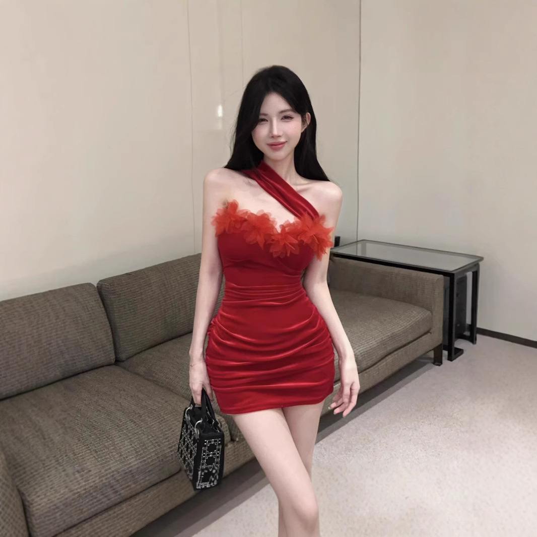Design sexy red velvet three dimensional dress