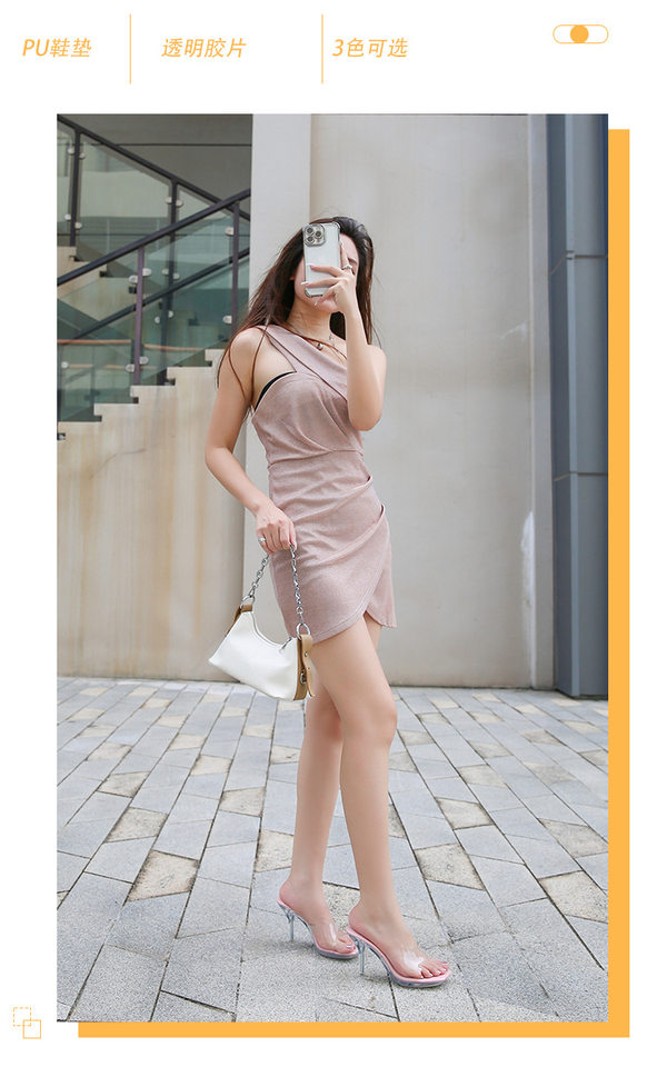Dép sandal nữ mũi vuông trong suốt gót nhọn hở gót phong cách Âu Mỹ — Màu bạc, Màu hồng, Màu mơ, Màu trắng chi tiết 2