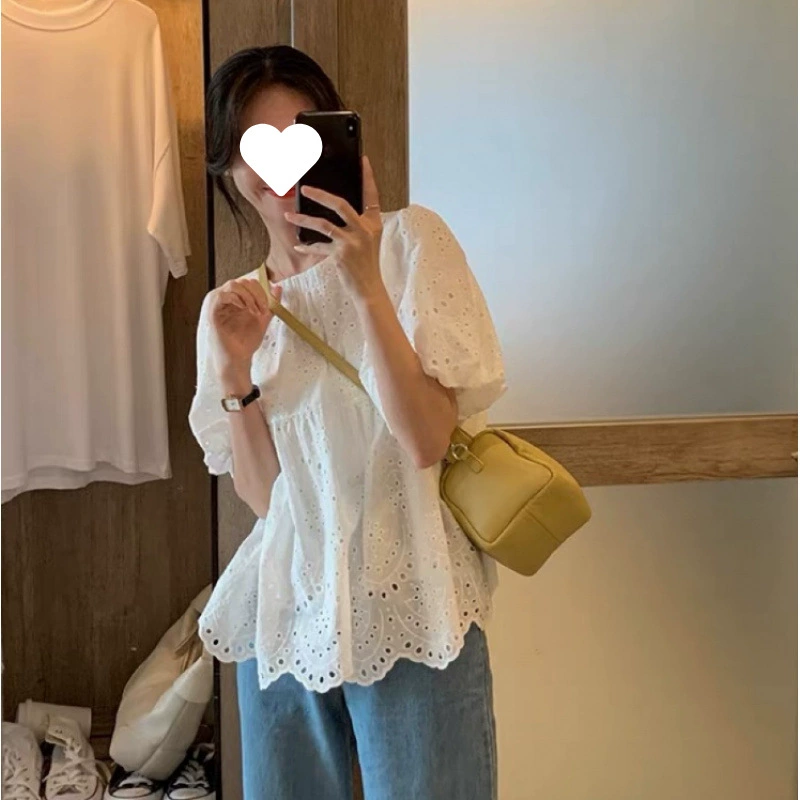 Новый летний топ с вышивкой, белый дизайн, повседневный пуловер, универсальная стильная полая рубашка с короткими рукавами M-4XL 100kg