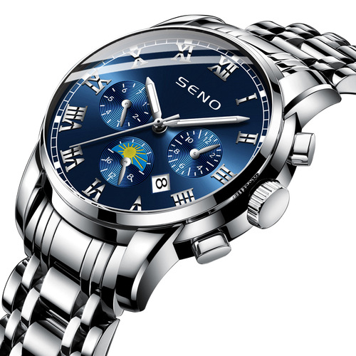 SENO Casual Sun Moon Star Watch Men's Quartz Watch Waterproof Calendar Luminous Stainless Steel Watch One Piece Dropshipping