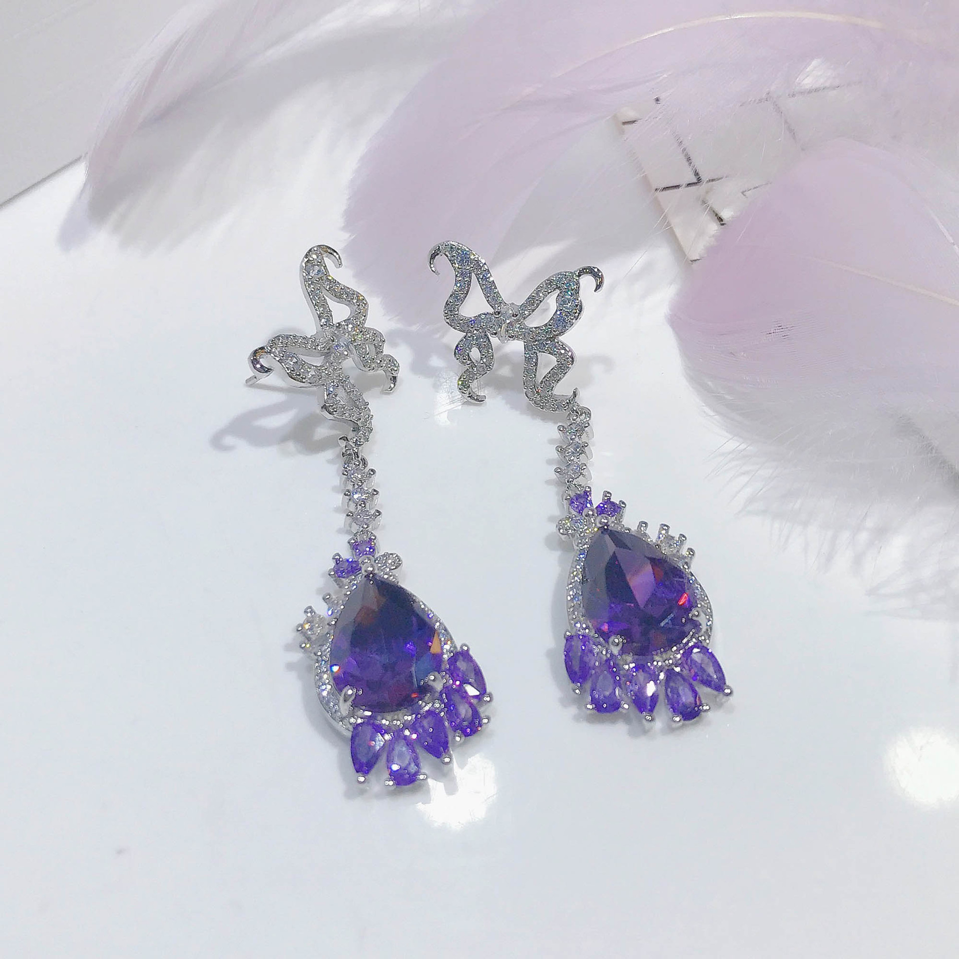 Designer Butterfly Earrings Water Drop Pear-shaped Amethyst Zircon Copper Earrings display picture 3