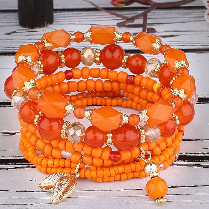 European and American Cross-border Fashion Simple Bohemian Style Golden Leaf Mix and Match Rice Beads Distinctive Multi-layer Ladies Bracelet