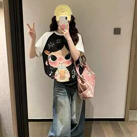 可爱卡通动漫印花波点插肩短袖t恤女夏季撞色宅萌感韩系复古上衣