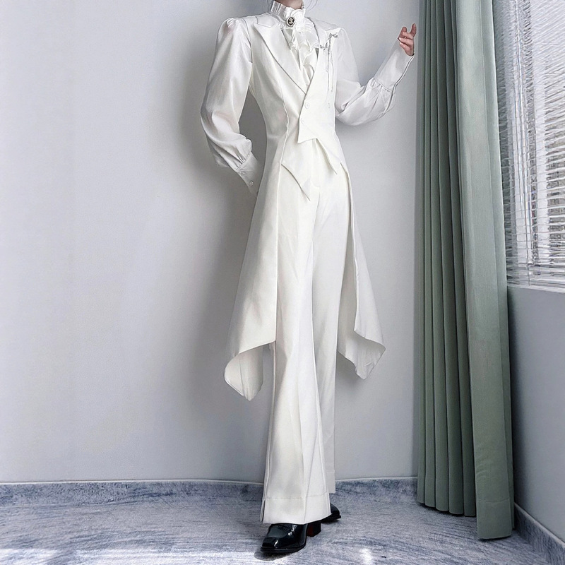White autumn suit uniform with pointed lapel, swallowtail, long tail, slim fit, waist-cinching, long vest jacket, trendy White autumn suit uniform with pointed lapel, swallowtail, long tail, slim fit, waist-cinching, long vest jacket, trendy