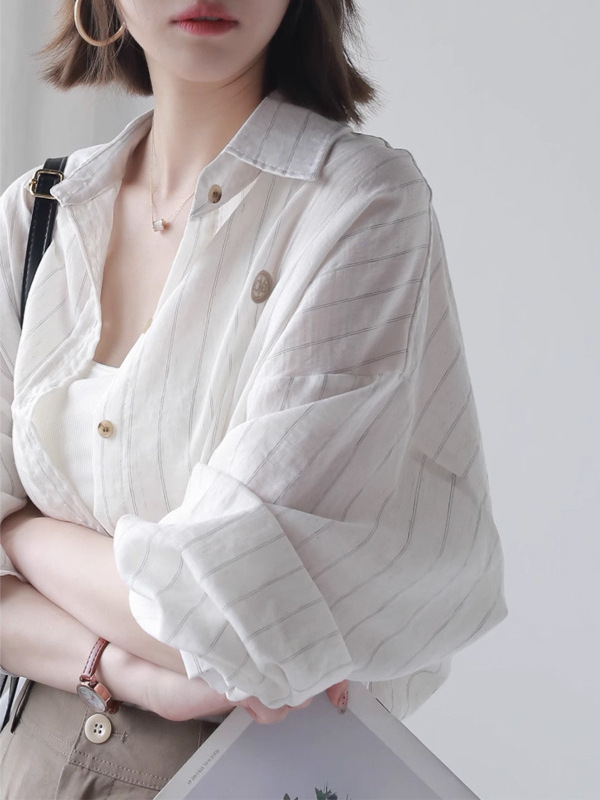 2025 夏ルーズ薄い日焼け防止服ストライプ綿とリネン長袖シャツ女性のミッドレングスアウタートップ|undefined