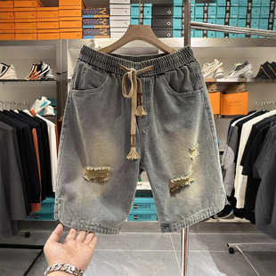 American High Street Ripped Denim Shorts for Men, Loose Straight Washed Distressed Trendy Versatile Sports Casual Knee-Length Shorts