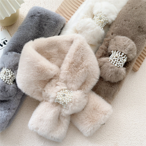 New scarf for women in autumn and winter, Korean version, versatile and warm, Japanese imitation Rex rabbit fur, Internet celebrity plush cross scarf, trendy
