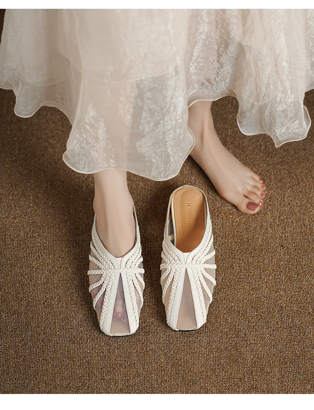 Dép sandal nữ mũi nhọn quai chữ V đế xuồng cao 7 cm, chất liệu lưới ren họa tiết hoa — đen chi tiết 6