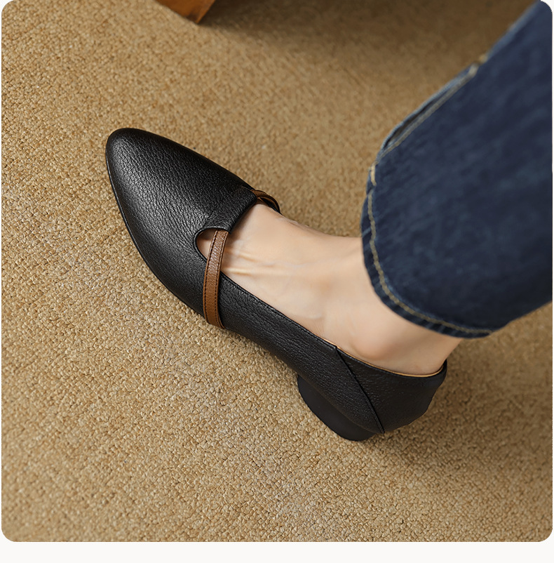 Giày cao gót nữ mũi nhọn da cừu gót thô 5 cm phối màu — đen chi tiết 11
