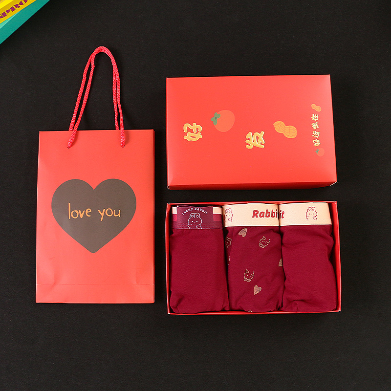 Caja de regalo, ropa interior, calzoncillos tipo bóxer para hombre, calzoncillos tipo bóxer de algodón puro, ropa interior de boda con estampado de conejo bonito, año animal