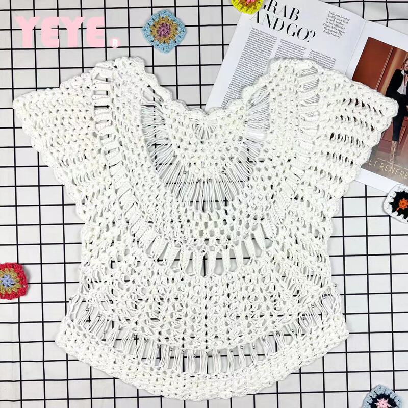 Hook Hollow Beaded Hook Blouse Vintage Short-sleeved Summer New Ethnic Lace Crewneck Jacket