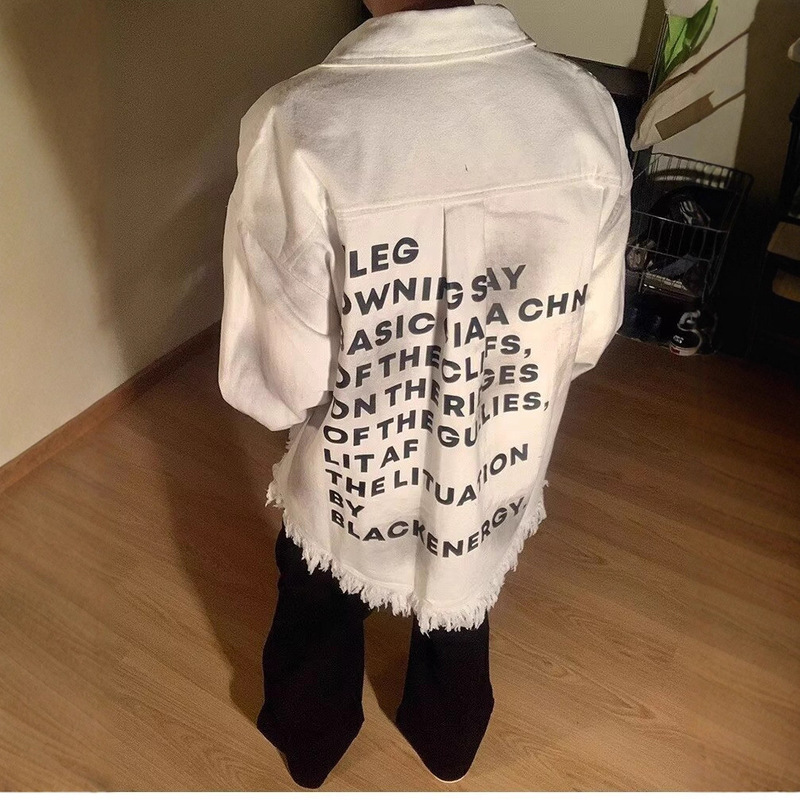 American High Street Dirty Printed Raw Edge Denim Jacket for Men