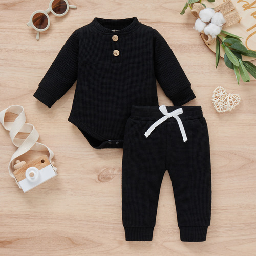 Basic spring and autumn suits for boys and girls, infants and young children, cotton waffle stand-up collar hoodie + trousers two-piece set foreign trade children's clothing