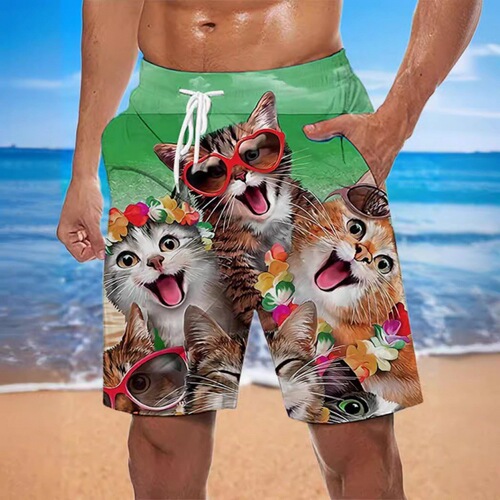 Relaxed European and American Men's Summer Surf Shorts with 3D Printed Cat Pattern Casual Sport Shorts