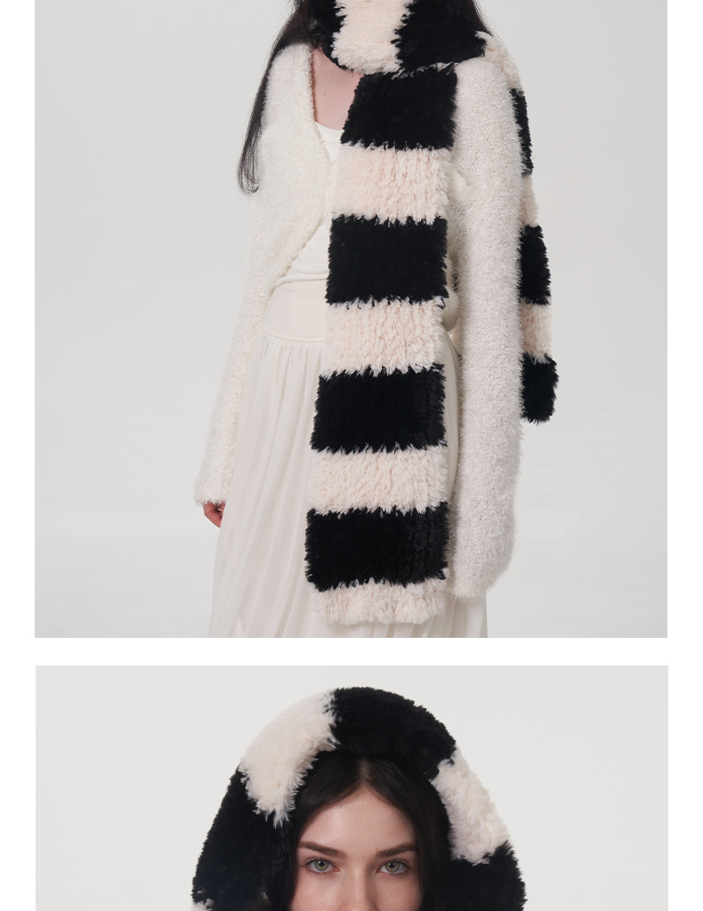 Women's Scarves Soft striped two-color plush scarf for women winter new warm thickened versatile cute knitted scarf scarf_voghion.com