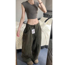 美式简约军绿色阔腿工装裤女2025春vibe松弛慵懒时尚简约遮肉潮裤