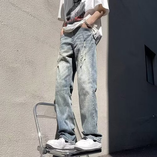 Vintage Wash Waterfall Spring and Autumn Season Street Smart Versatile Men's Vibe Style Loose Drape Legging Jeans