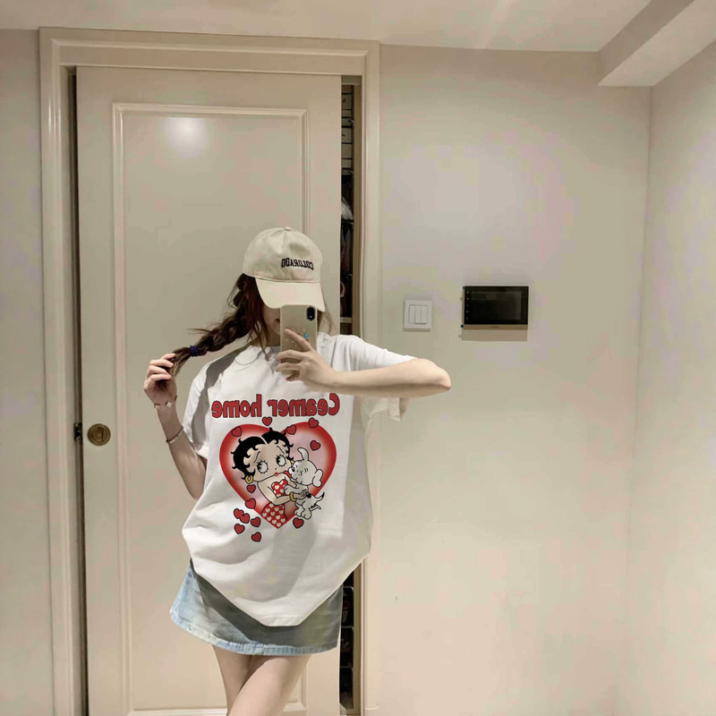 American-Style Betty and Puppy Cartoon Short-Sleeved T-Shirt for Women, New Summer Style, Loose Plus Size 150kg Pure Cotton Top for Plus-Size Women