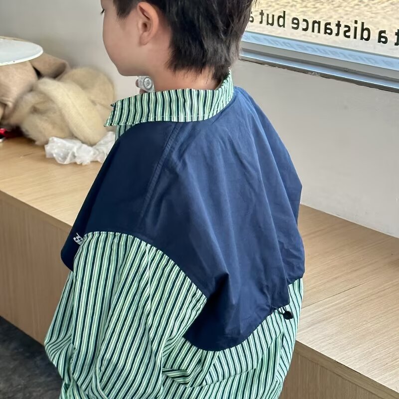 Boys' Long-sleeved Shirt Spring and Autumn New Fashion Stitching Big Boy's Summer Dress Fake Two-piece Shirt Trendy
