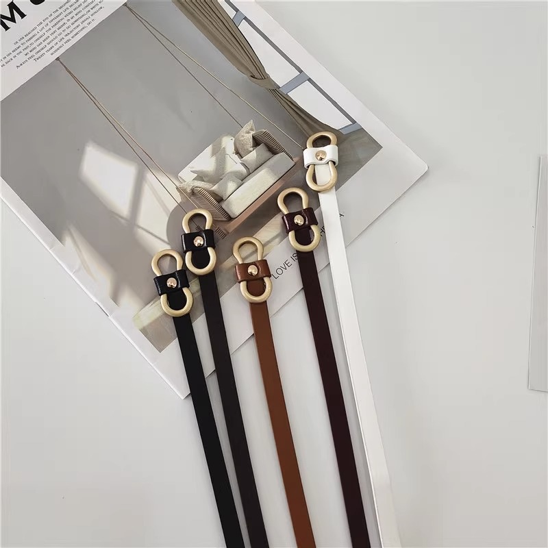 Frühling und Sommer Goldschnalle Flacher geknoteter dünner Gürtel Dekoratives Kleid Ohne Stanzen PU Schmaler Gürtel Kleiner Gürtel für Frauen_voghion.com