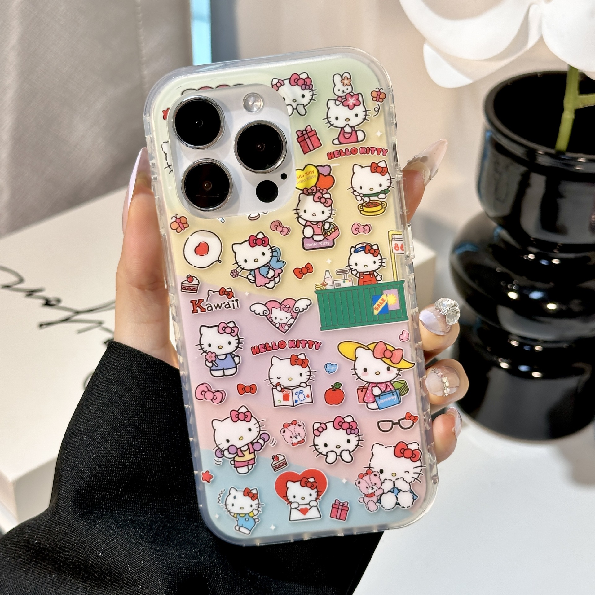 Ilustración de pantalla completa de dibujos animados KT cat para Apple 15Pro funda para teléfono móvil 16PM cadena 14/13 nueva 15Pro girl