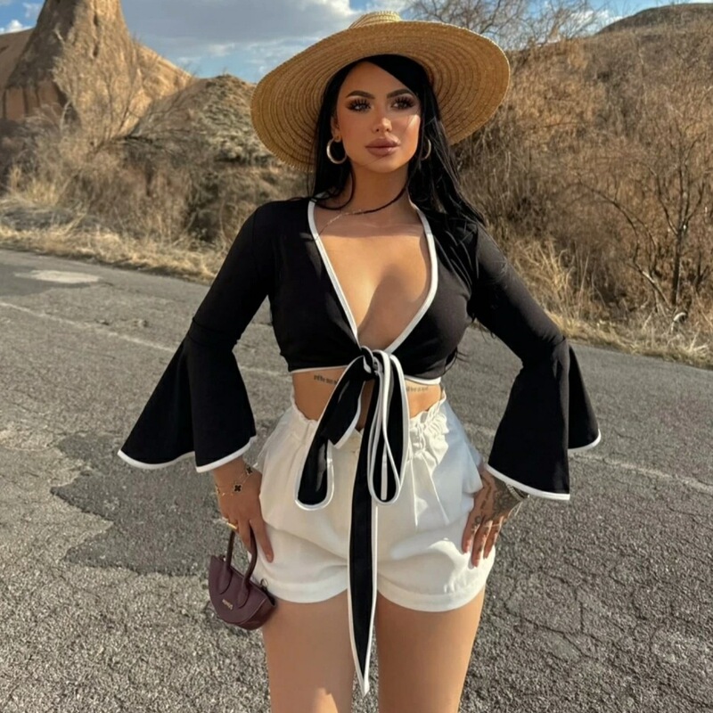 European and American INS cross-border women's clothing 2025 spring and summer new fashion V-neck lace-up long sleeve sexy hot girl short top