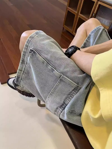 Men's Trendy Summer Thin American-Style Workwear Denim Shorts: Loose-Fit, Straight-Leg Mid-Length Casual Cropped Pants
