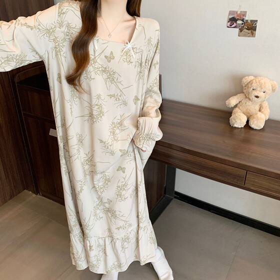 Long Sleeve Cotton Silk Nightgown Women's Summer Thin Loose plus size Pajamas Cotton Silk Spring and Autumn Home Clothes HDF5288