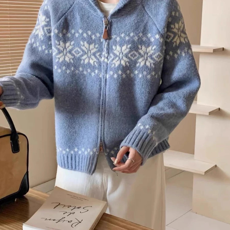 Gentle and vintage Fair Isle knit sweater coat for women, autumn and winter, casual style, double-zipper, long-sleeved knit cardigan
