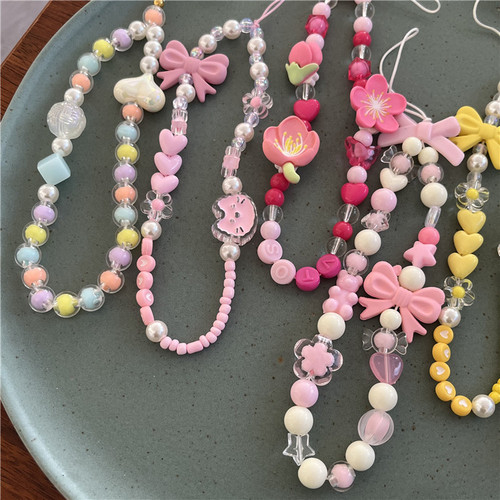 Creative mobile phone chain pink girly style beaded bracelet pendant cute creative tulip lanyard key chain for women