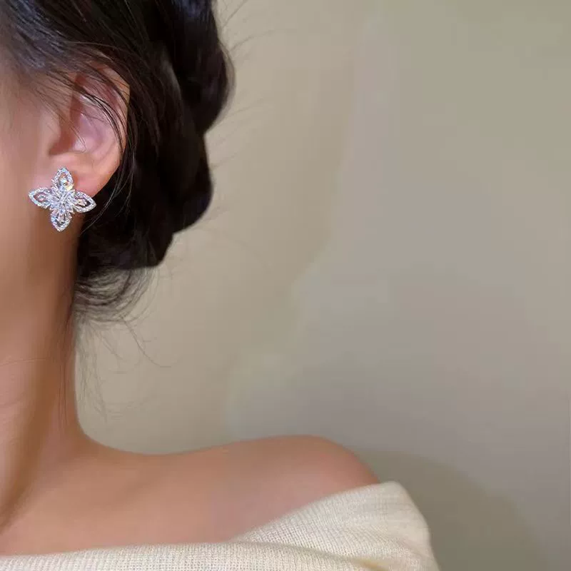 Zirconium, small design fashionable universal earrings, micro incrustation, diamond encrusted, flowered, high-quality style